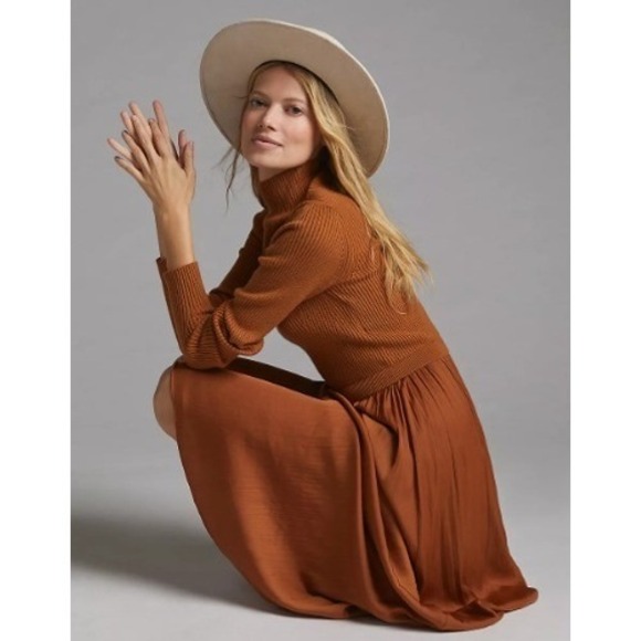 Anthropologie Burnt Orange Layered Mock Neck Sweater Maxi Dress - Picture 2 of 11